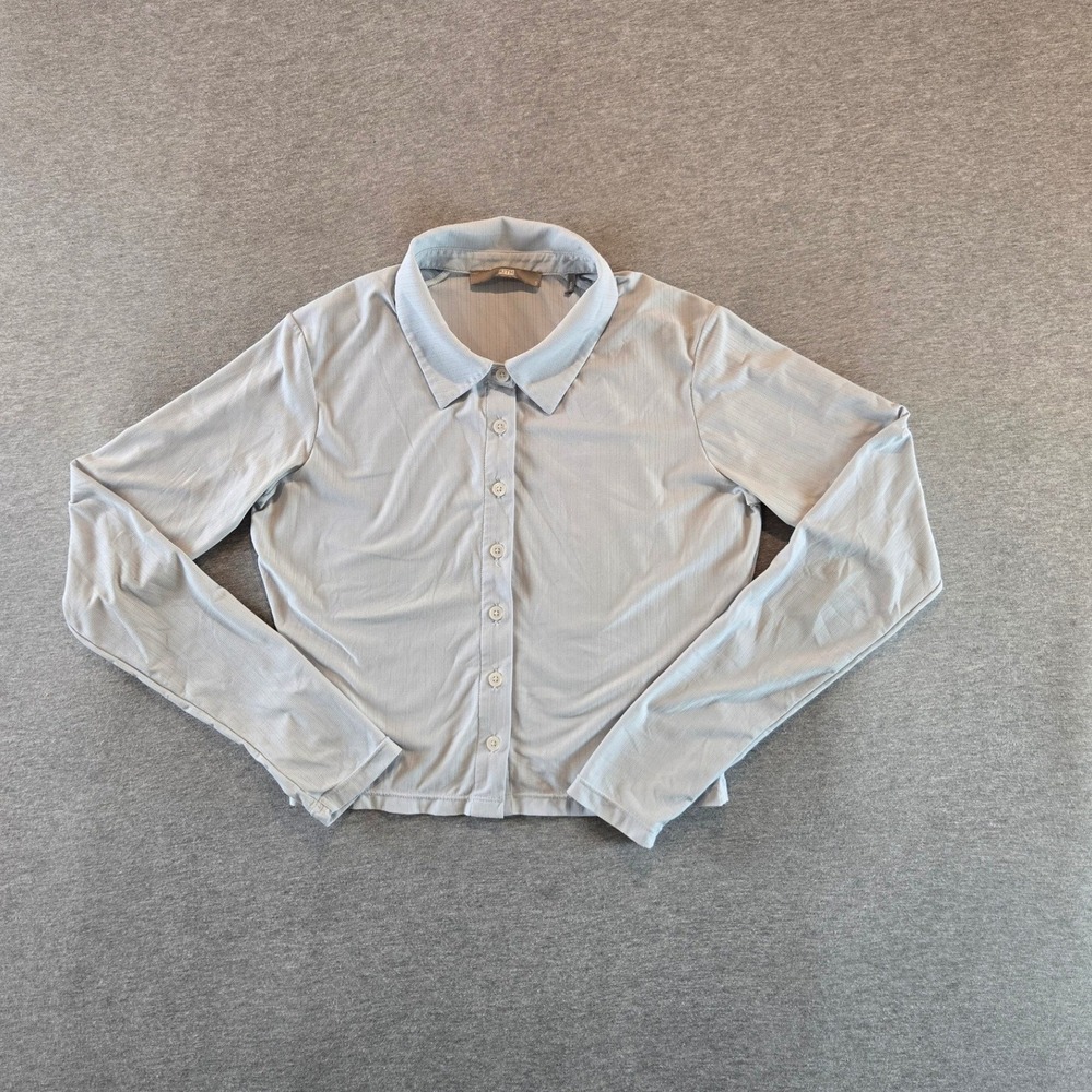 Kith Button Down Shirt Womens Small Blue Cropped Long Sleeve Ribbed Texture